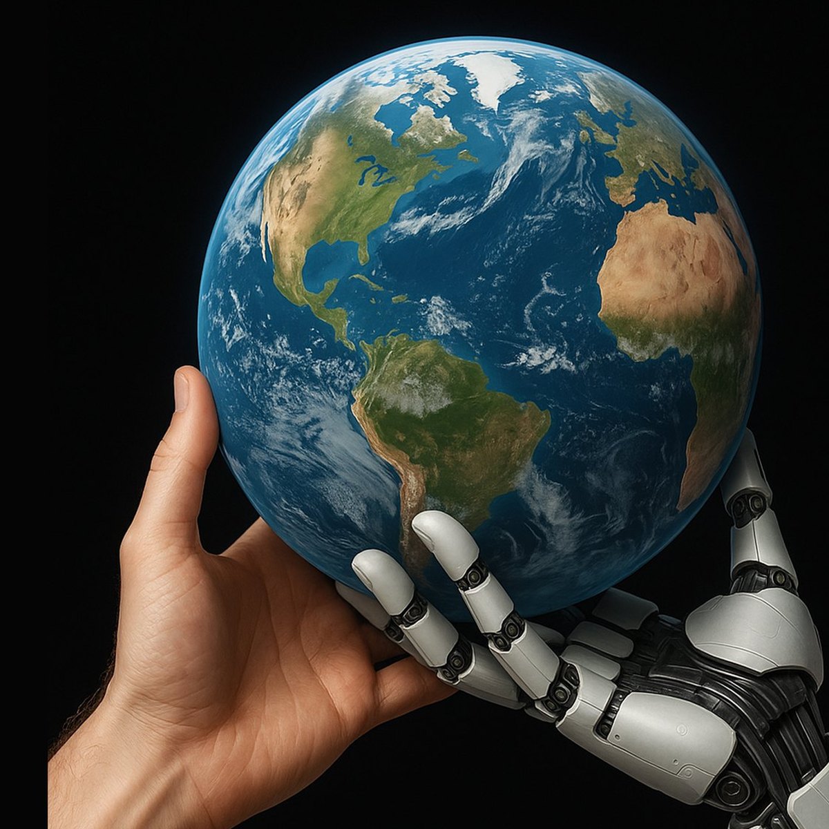 Detalle de la portada: una mano humana y una mano robótica sostienen juntas la Tierra