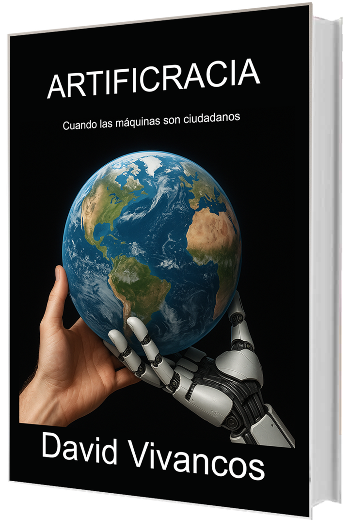 Portada de Artificracia: una mano humana y una mano robótica sostienen la Tierra