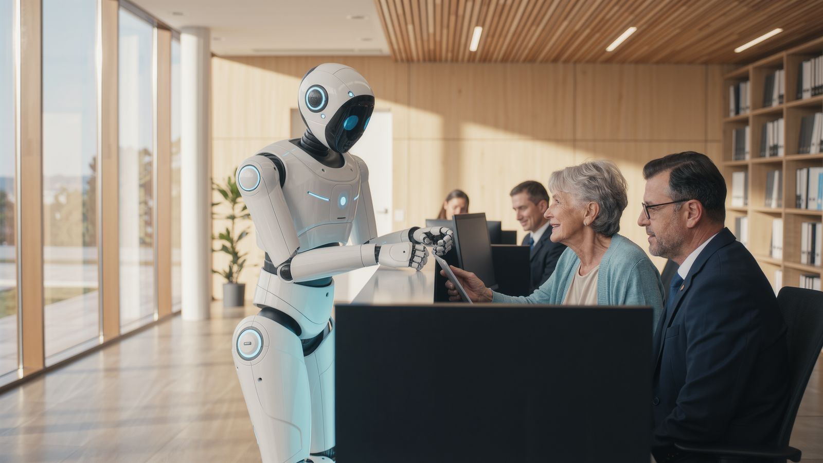 Un robot humanoide blanco atiende a una mujer mayor en una oficina pública mientras un funcionario supervisa desde la mesa de al lado