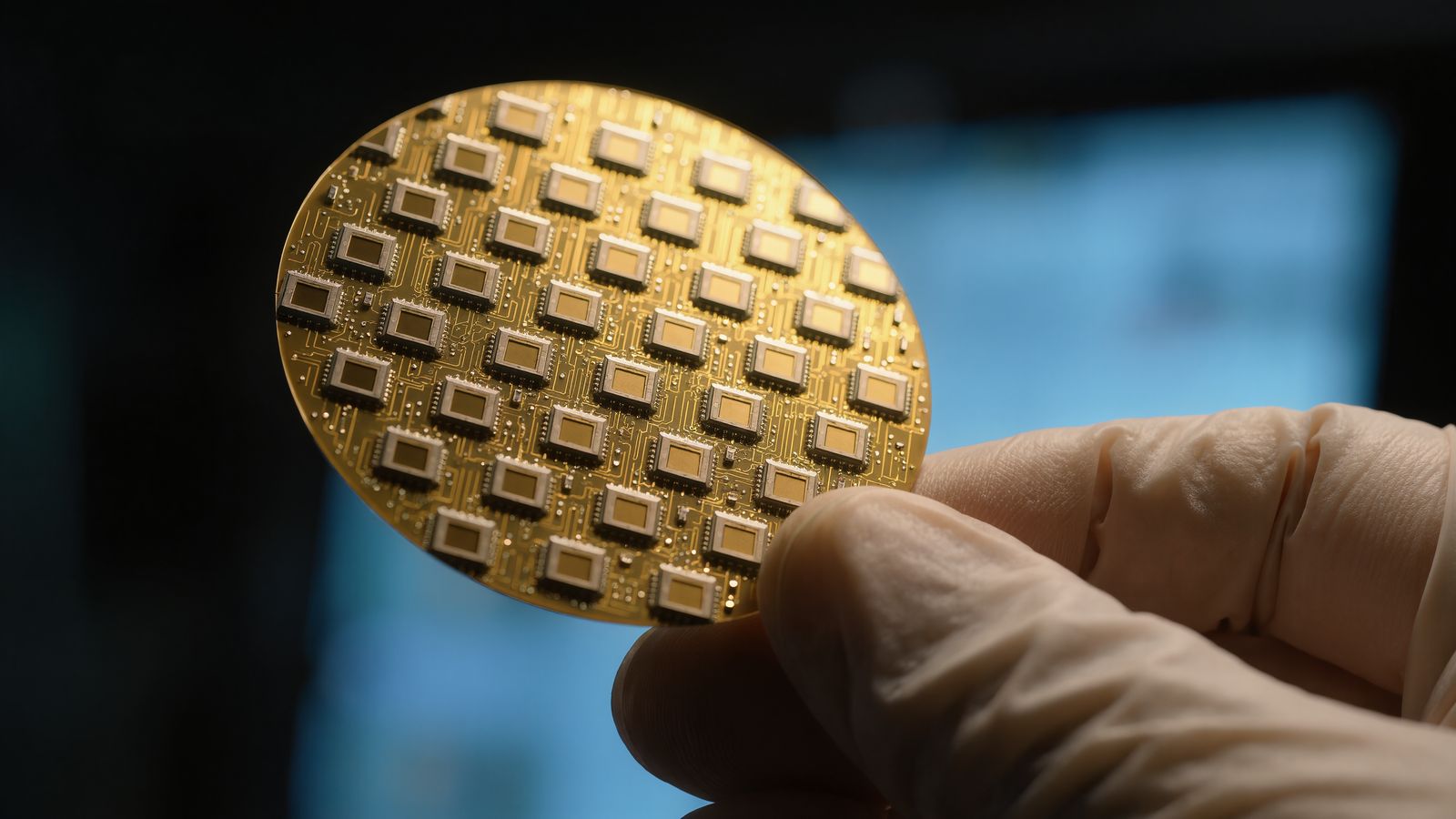Una mano con guante sostiene una oblea de silicio llena de chips en una sala blanca