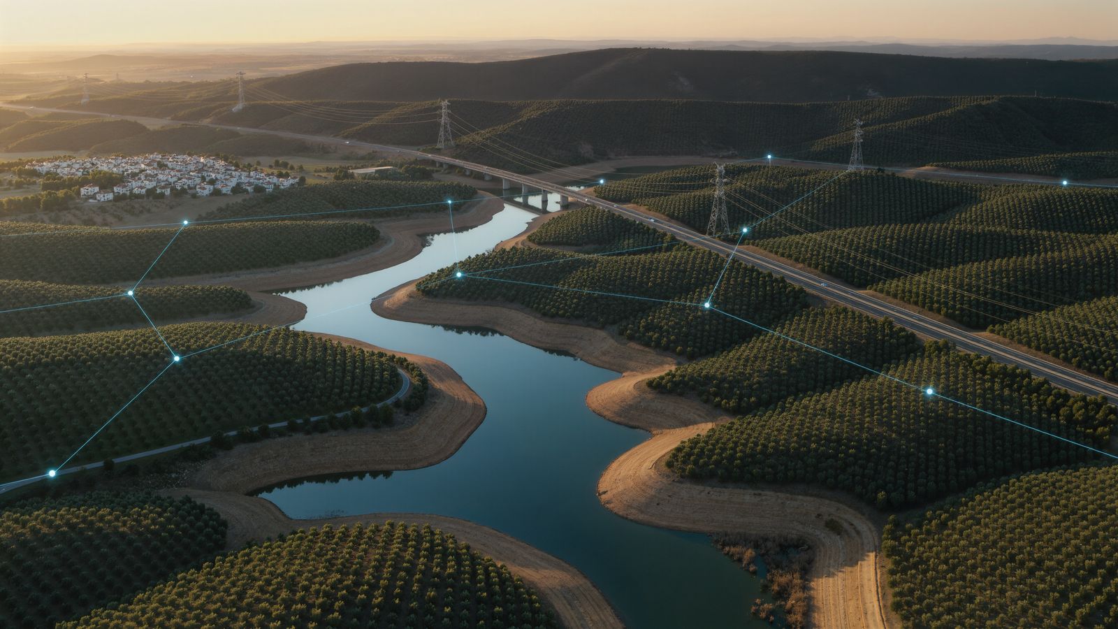 Vista aérea al amanecer de un valle con río, olivos, un pueblo y carreteras, recorrido por una red de puntos de luz que representan sensores
